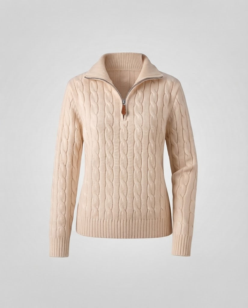 Women's Cable Knit Sweater with Half Zipper and Stand-Up Collar Mune Fashion