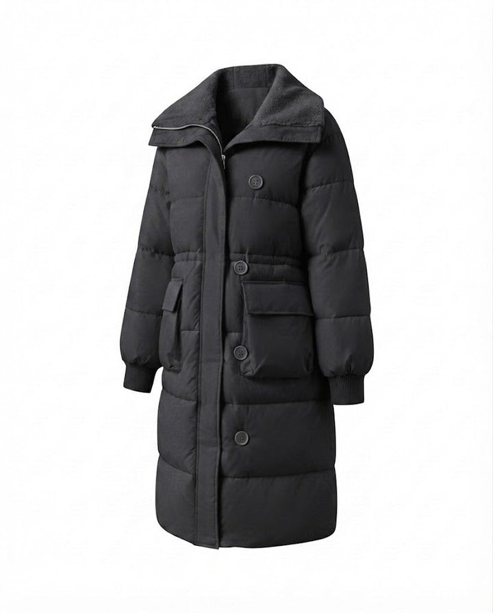 Women's long padded coat with Sherpa shawl collar, waist drawstring, and large flap pockets