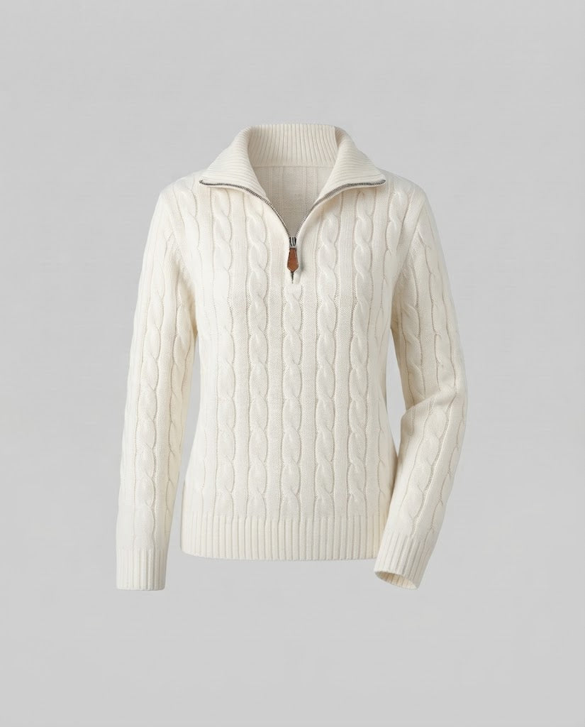 Women's Cable Knit Sweater with Half Zipper and Stand-Up Collar Mune Fashion