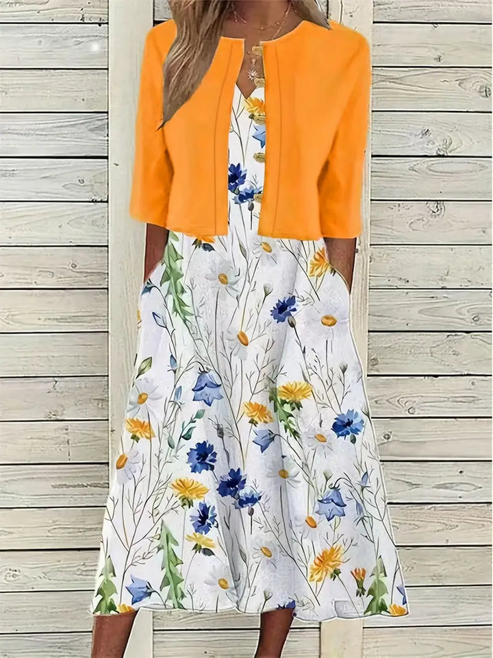 elegant two-piece floral dress set with solid color crop top and dress with round neck