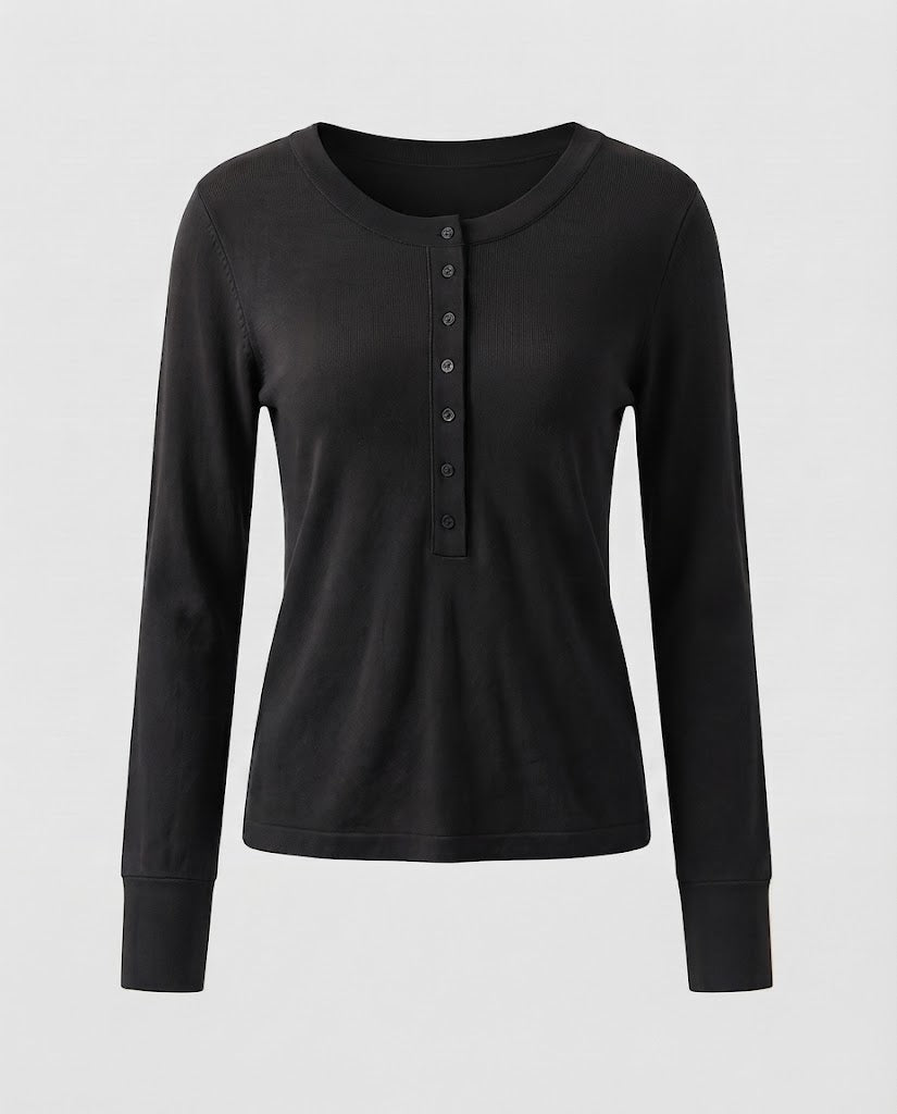Ladies Fine Long Sleeve Henley made of fine knit with buttonable center placket and slim fit Mune Fashion