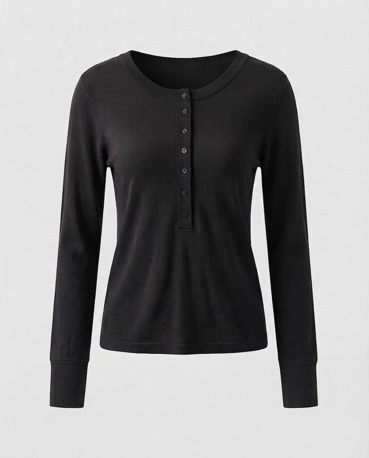 Ladies Fine Long Sleeve Henley made of fine knit with buttonable center placket and slim fit Mune Fashion