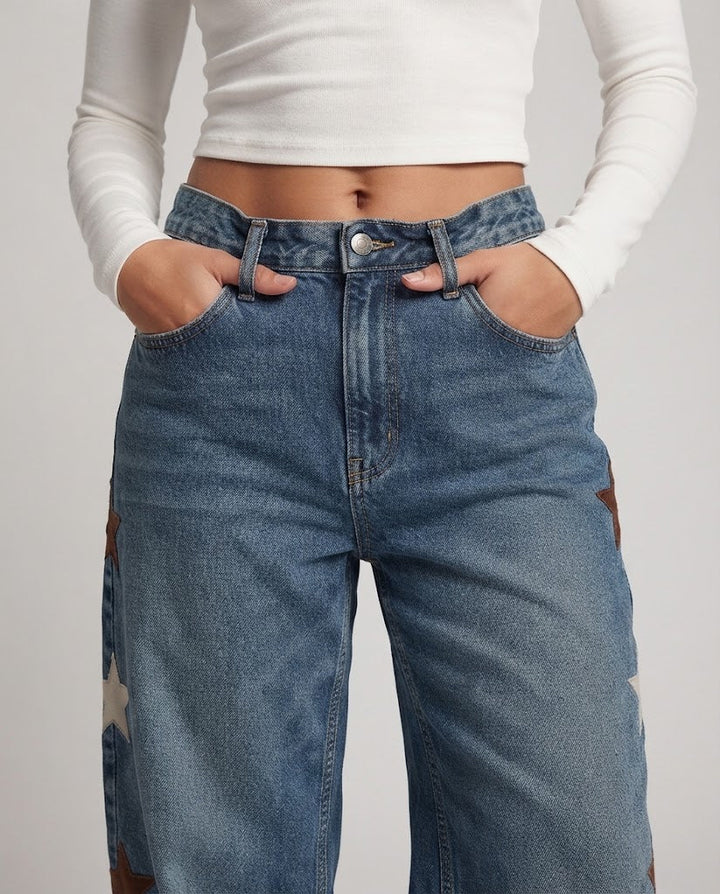 Women's Low-Rise Palazzo Denim Jeans with Extra Wide Leg and Star Appliqués Mune Fashion