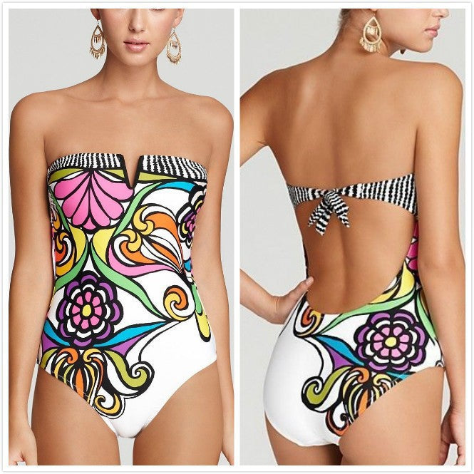 Women's bandeau swimsuit with a closure-free front and colorful floral pattern Mune Fashion
