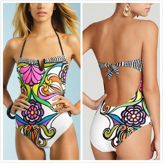 Women's bandeau swimsuit with a closure-free front and colorful floral pattern Mune Fashion