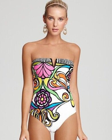 Women's bandeau swimsuit with a closure-free front and colorful floral pattern Mune Fashion