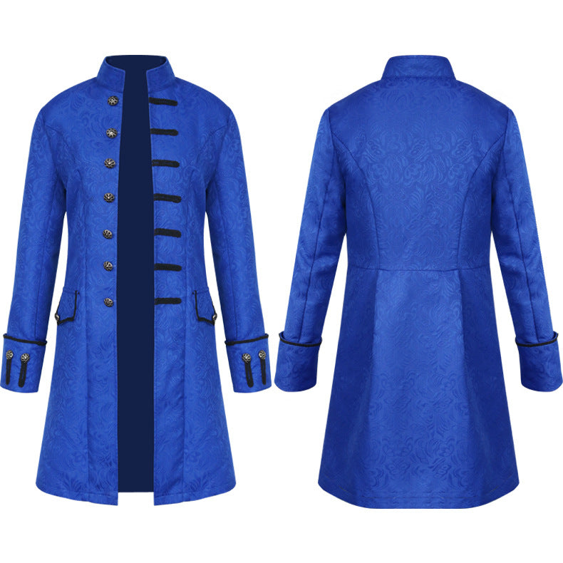 Men's fitted brocade coat in military style with stand-up collar and decorative cord.