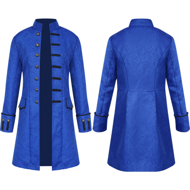 Men's fitted brocade coat in military style with stand-up collar and decorative cord.