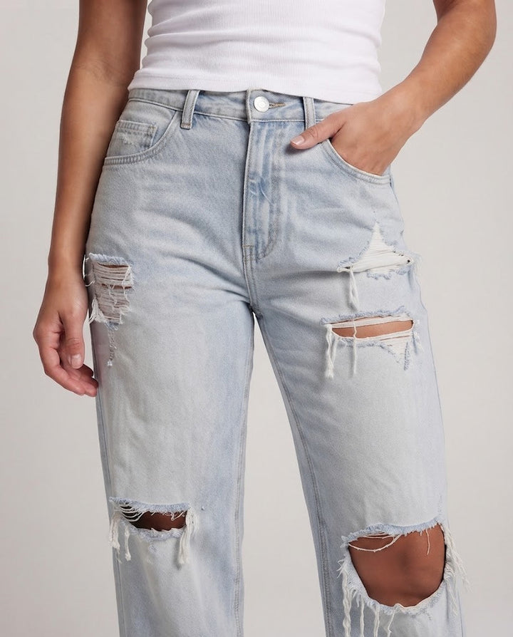 Women's Wide Distressed Jeans with High Waist and Large Rips Mune Fashion