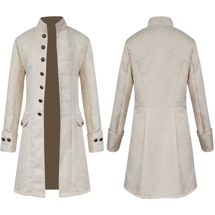 Men's fitted brocade coat in military style with stand-up collar and decorative cord.