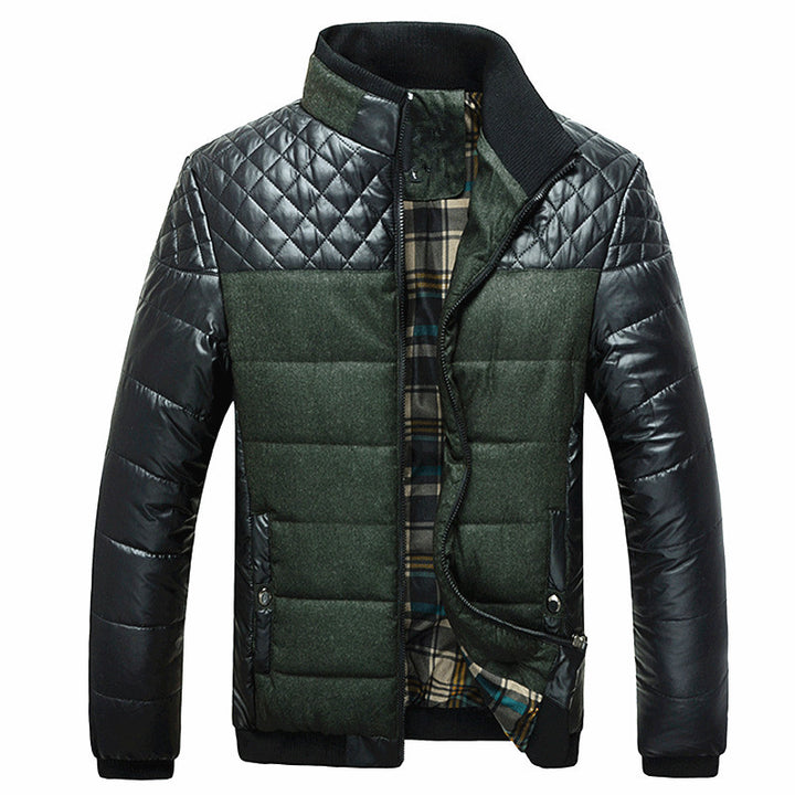 Men's Padded Hybrid Puffer Jacket with Faux Leather Sleeves and Stand Collar Mune Fashion