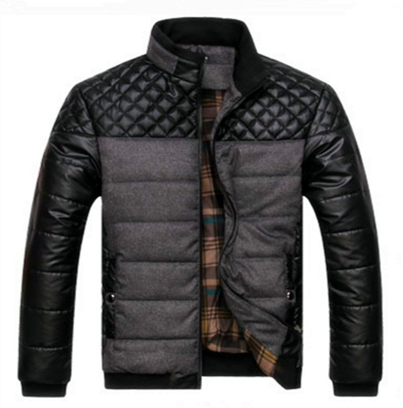 Men's Padded Hybrid Puffer Jacket with Faux Leather Sleeves and Stand Collar Mune Fashion