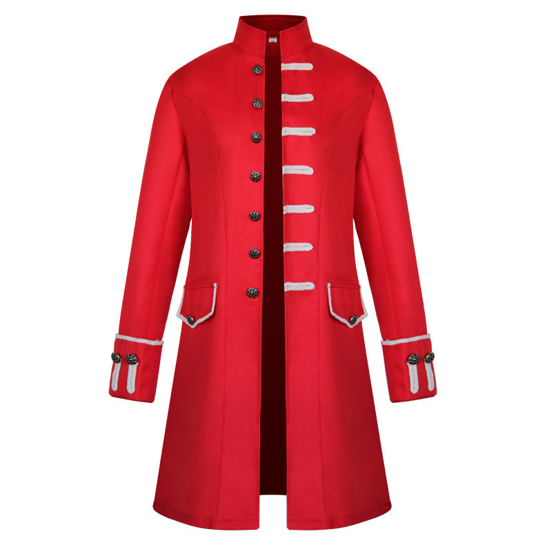Men's fitted brocade coat in military style with stand-up collar and decorative cord.