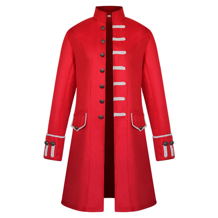 Men's fitted brocade coat in military style with stand-up collar and decorative cord.