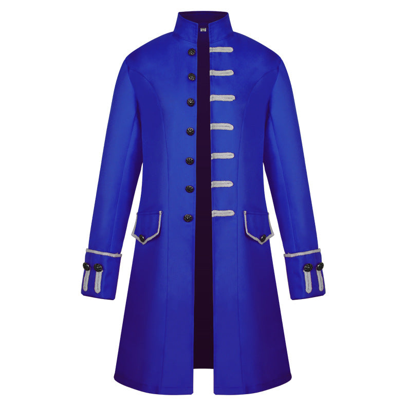 Men's fitted brocade coat in military style with stand-up collar and decorative cord.