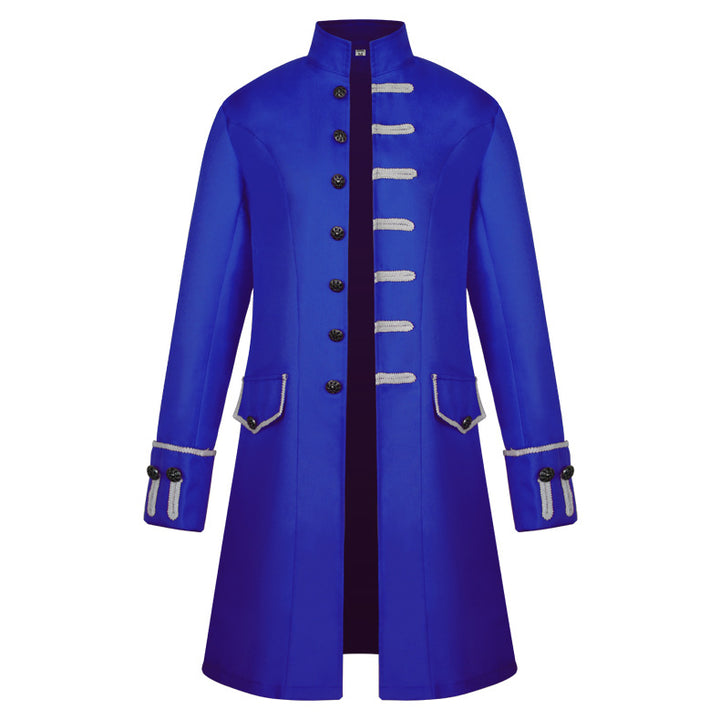 Men's fitted brocade coat in military style with stand-up collar and decorative cord.