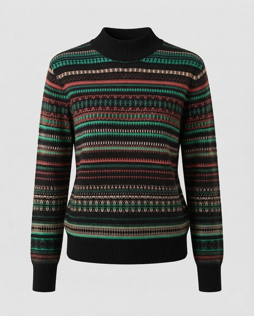 Women's jacquard fine-knit sweater with a short stand-up collar, boxy silhouette, and multistripe design Mune Fashion