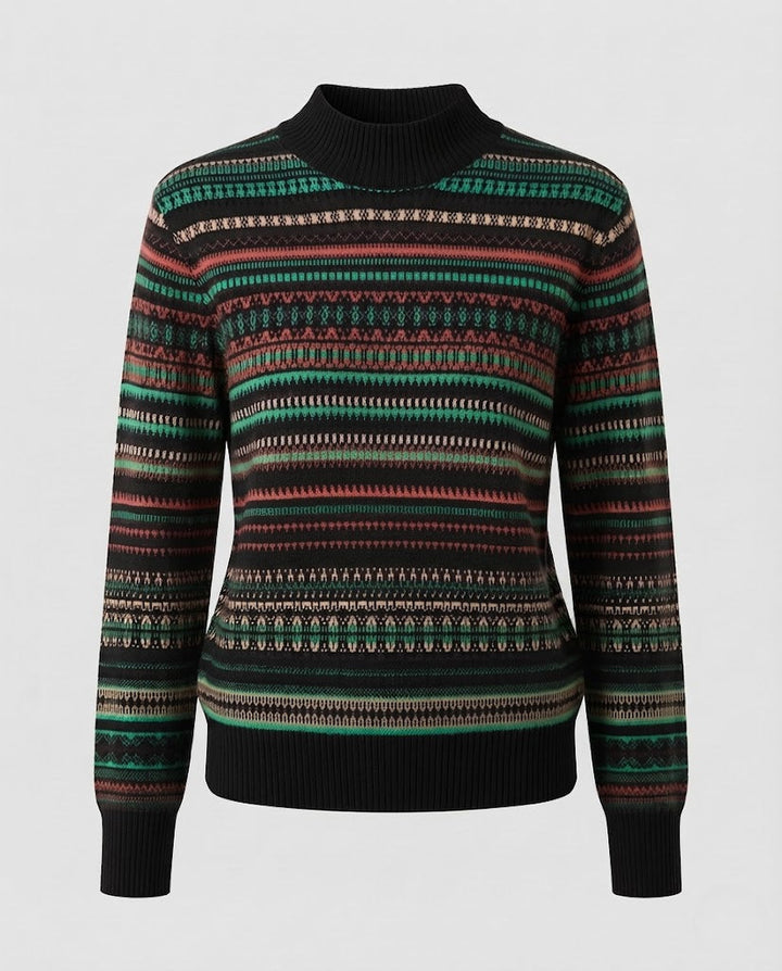 Women's jacquard fine-knit sweater with a short stand-up collar, boxy silhouette, and multistripe design Mune Fashion