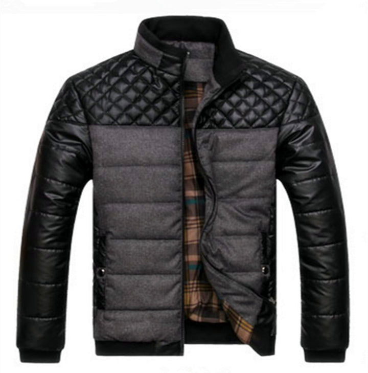 Men's Padded Hybrid Puffer Jacket with Faux Leather Sleeves and Stand Collar Mune Fashion