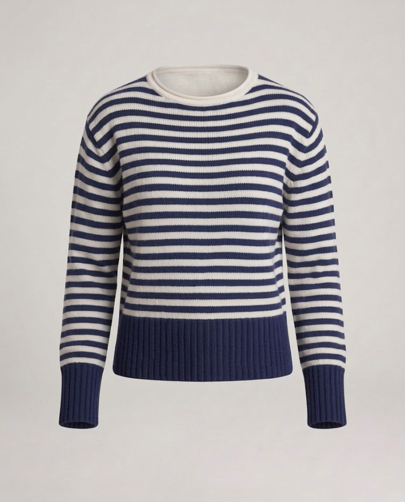 Women's Striped Cotton Blend Sweater with Wide Navy Stripes and Ribbed Hem Mune Fashion