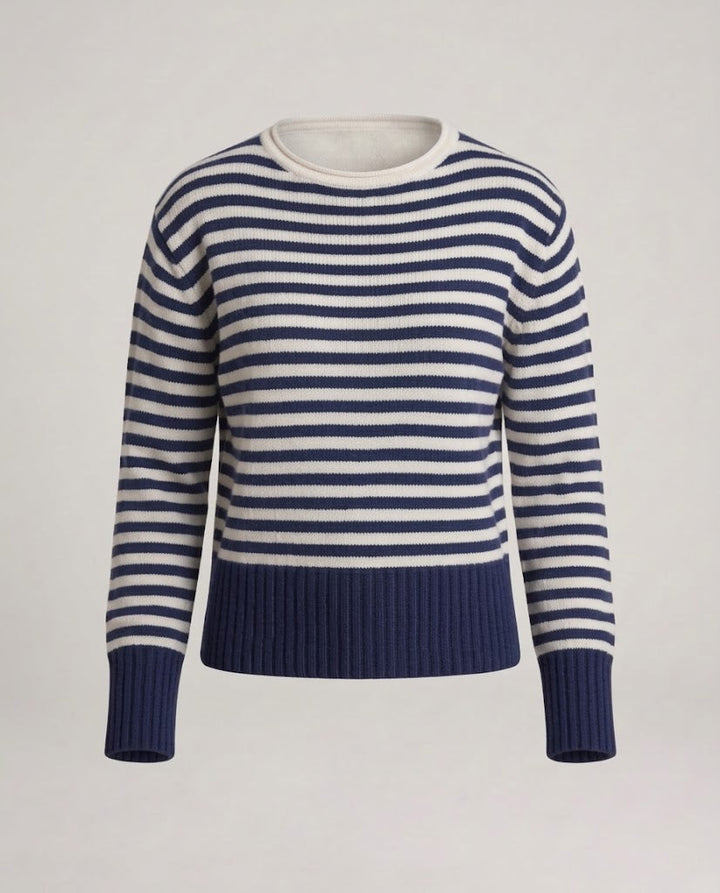 Women's Striped Cotton Blend Sweater with Wide Navy Stripes and Ribbed Hem Mune Fashion