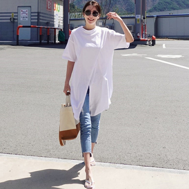 Women's Oversize Long Shirt with Central Front Opening, Extended Hem, and Round Neckline Mune Fashion