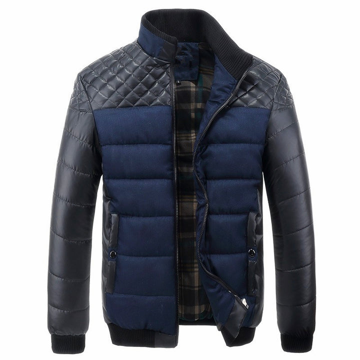 Men's Padded Hybrid Puffer Jacket with Faux Leather Sleeves and Stand Collar Mune Fashion