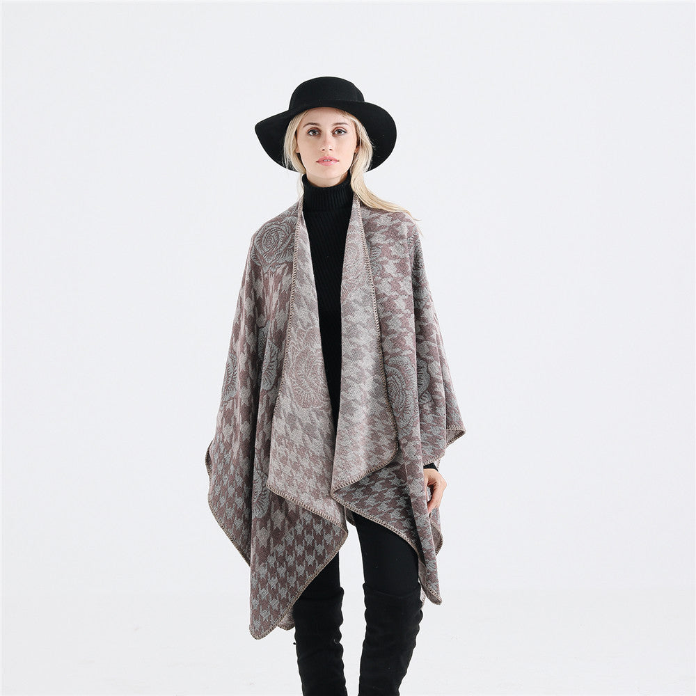 Women's Jacquard Ruana with Houndstooth and Rose Motif Mune Fashion