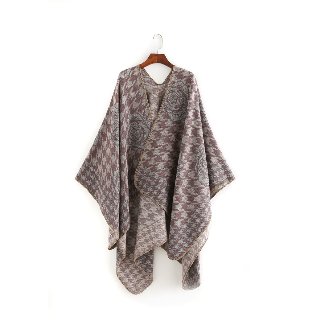 Women's Jacquard Ruana with Houndstooth and Rose Motif Mune Fashion