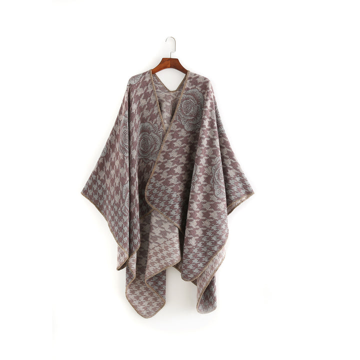 Women's Jacquard Ruana with Houndstooth and Rose Motif Mune Fashion