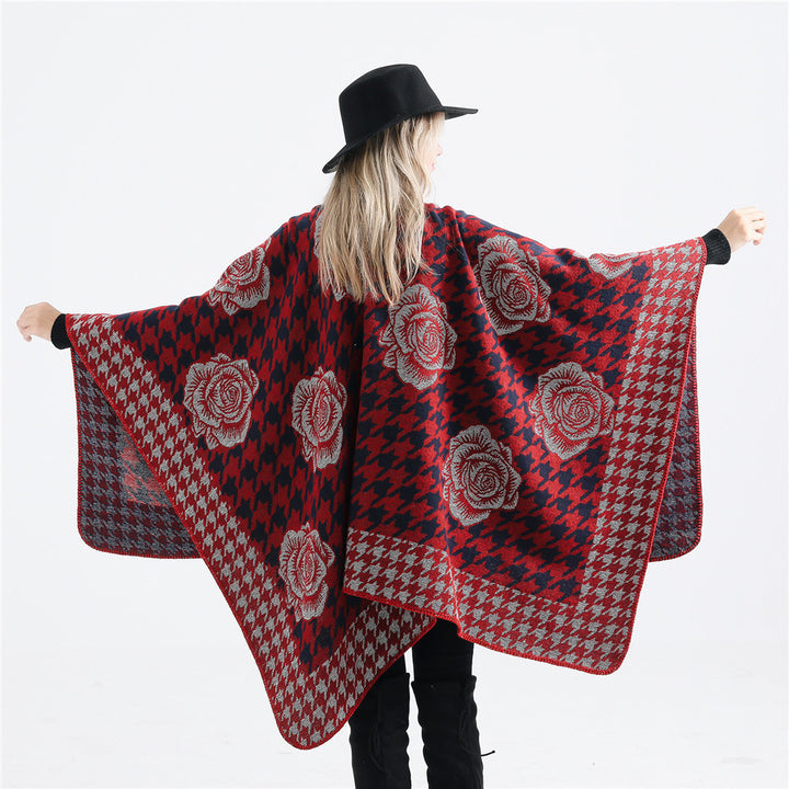 Women's Jacquard Ruana with Houndstooth and Rose Motif Mune Fashion