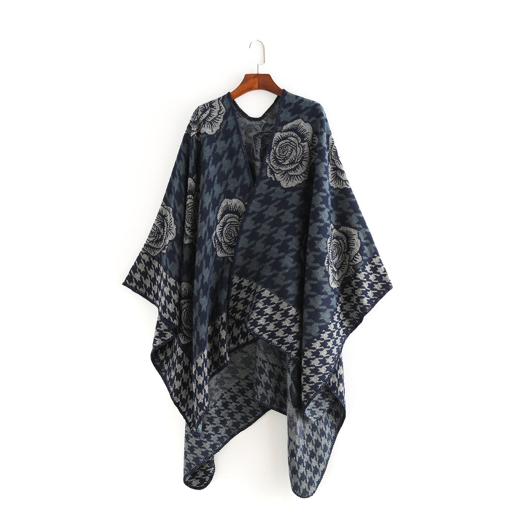 Women's Jacquard Ruana with Houndstooth and Rose Motif Mune Fashion