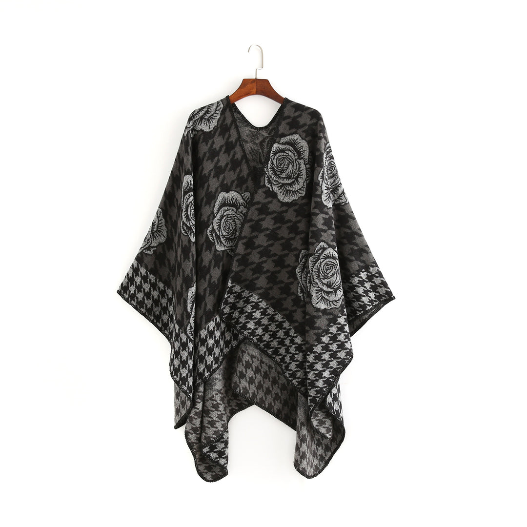 Women's Jacquard Ruana with Houndstooth and Rose Motif Mune Fashion