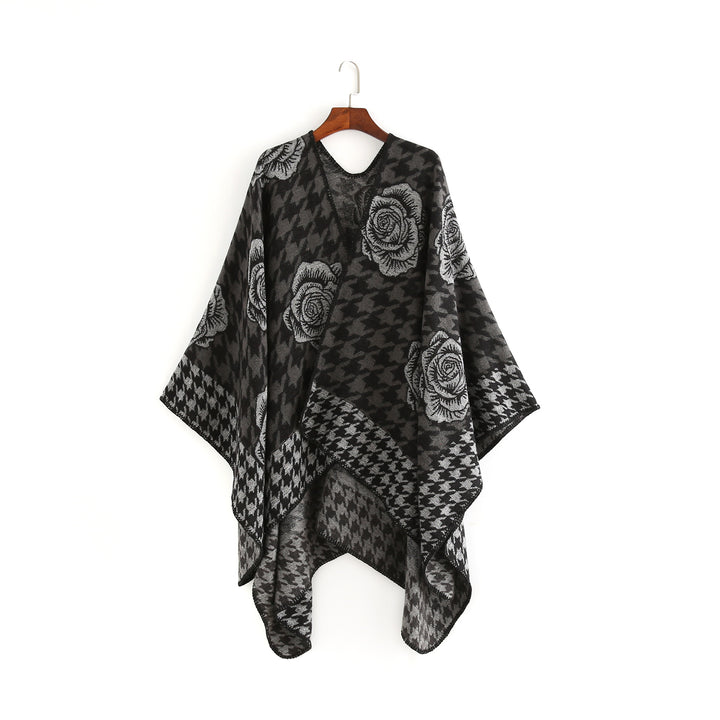 Women's Jacquard Ruana with Houndstooth and Rose Motif Mune Fashion