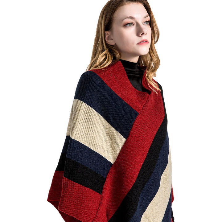 Women's Oversized Knit Ruana with Fringe Hem and Diagonal Block Stripe Look Mune Fashion
