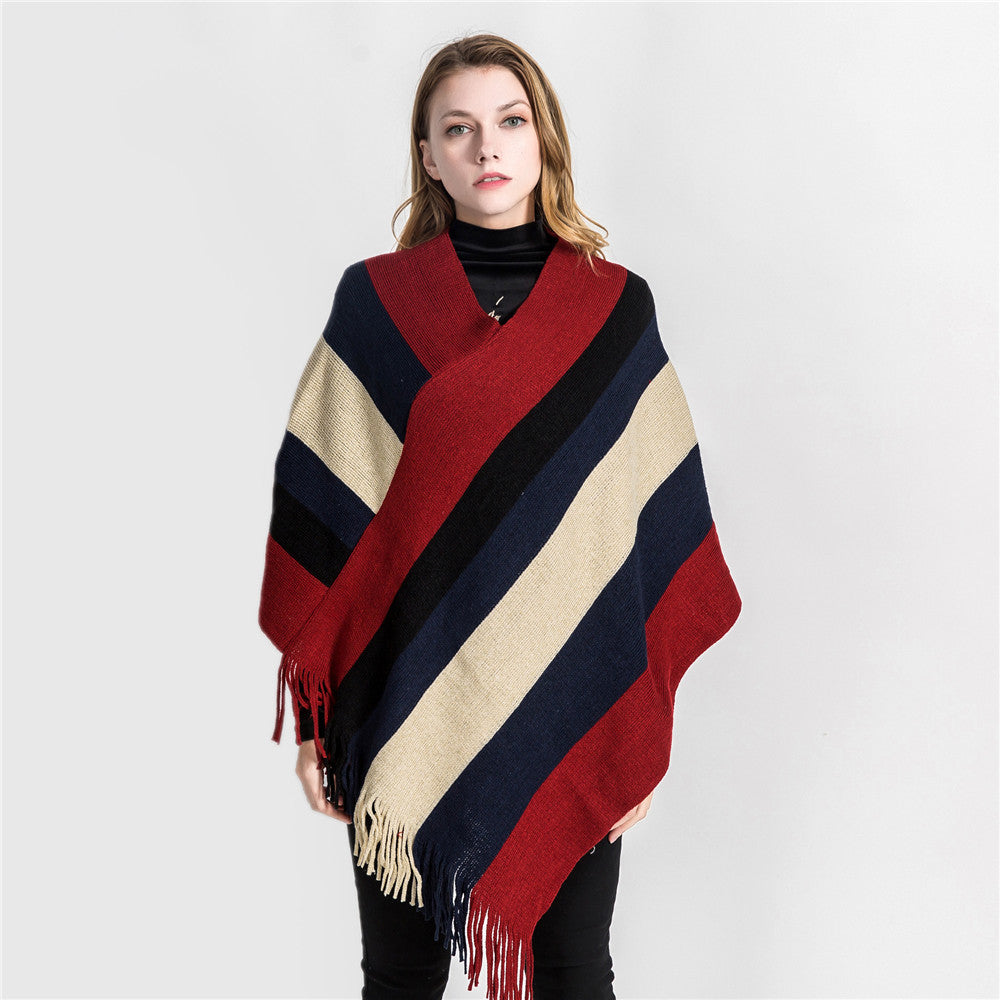 Women's Oversized Knit Ruana with Fringe Hem and Diagonal Block Stripe Look Mune Fashion