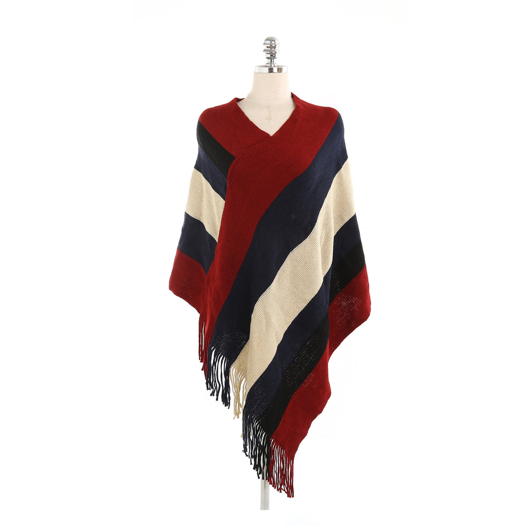 Women's Oversized Knit Ruana with Fringe Hem and Diagonal Block Stripe Look Mune Fashion