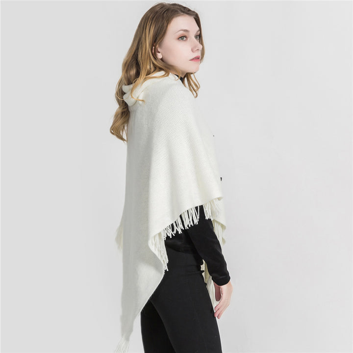 Women's Hooded Poncho made of Fine Knit with Houndstooth Jacquard and Fringed Hem Mune Fashion