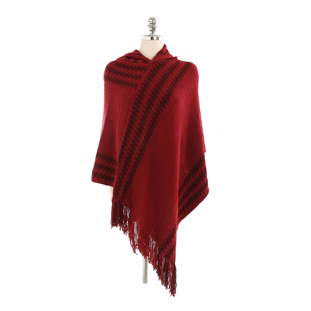 Women's Hooded Poncho made of Fine Knit with Houndstooth Jacquard and Fringed Hem Mune Fashion
