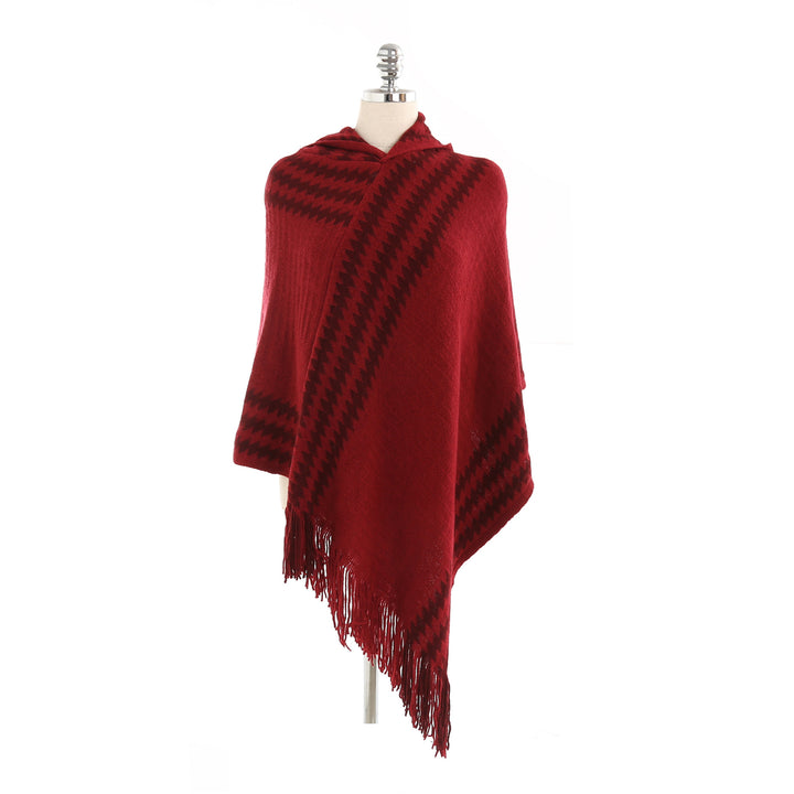 Women's Hooded Poncho made of Fine Knit with Houndstooth Jacquard and Fringed Hem Mune Fashion