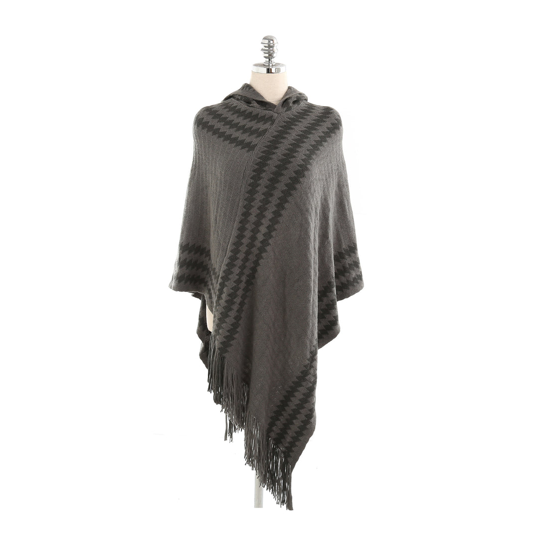 Women's Hooded Poncho made of Fine Knit with Houndstooth Jacquard and Fringed Hem Mune Fashion