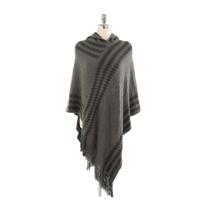 Women's Hooded Poncho made of Fine Knit with Houndstooth Jacquard and Fringed Hem Mune Fashion