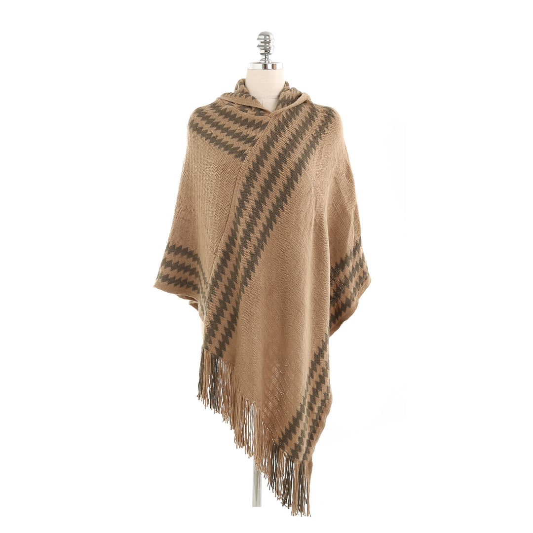 Women's Hooded Poncho made of Fine Knit with Houndstooth Jacquard and Fringed Hem Mune Fashion
