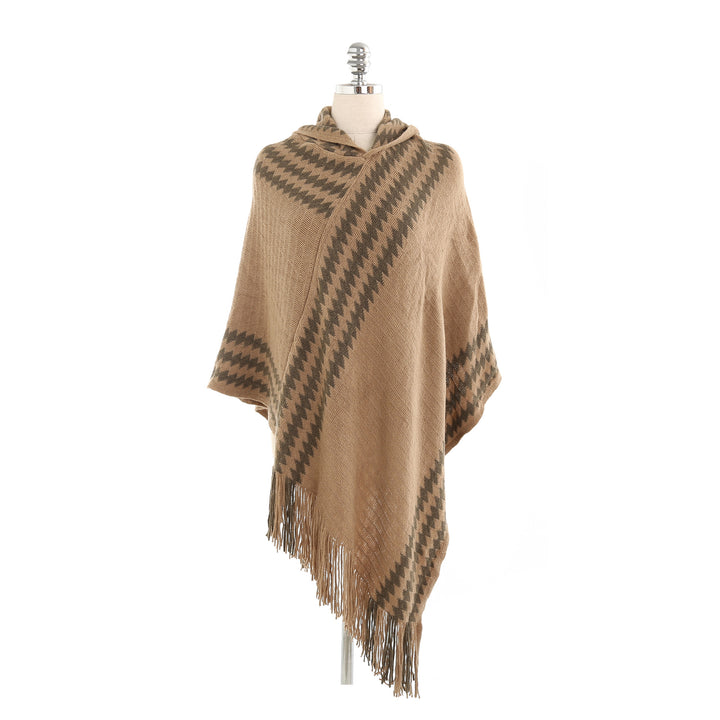 Women's Hooded Poncho made of Fine Knit with Houndstooth Jacquard and Fringed Hem Mune Fashion