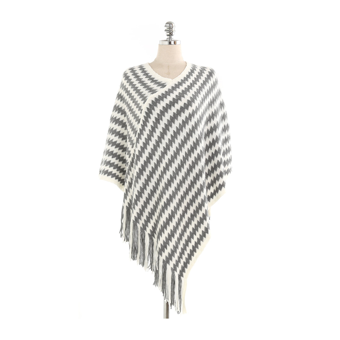 Women Cashmere-Touch Ruana-Poncho with Zigzag-Jacquard and Fringe Hem Mune Fashion