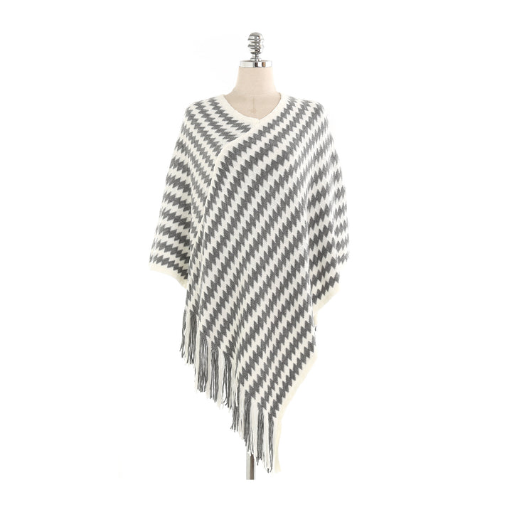 Women Cashmere-Touch Ruana-Poncho with Zigzag-Jacquard and Fringe Hem Mune Fashion
