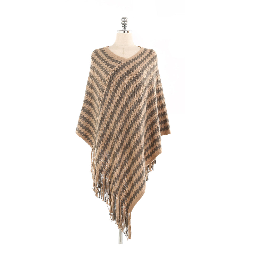Women Cashmere-Touch Ruana-Poncho with Zigzag-Jacquard and Fringe Hem Mune Fashion