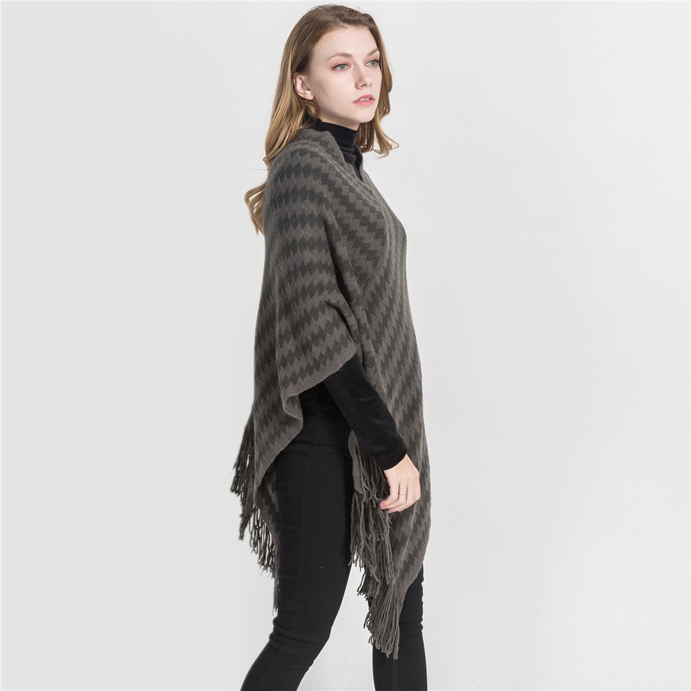 Women Cashmere-Touch Ruana-Poncho with Zigzag-Jacquard and Fringe Hem Mune Fashion