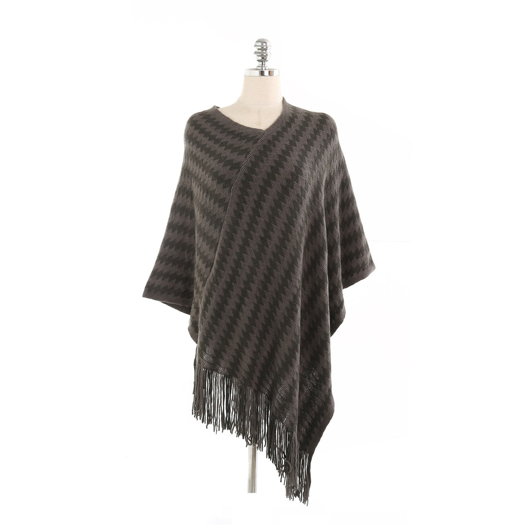 Women Cashmere-Touch Ruana-Poncho with Zigzag-Jacquard and Fringe Hem Mune Fashion