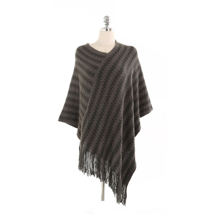 Women Cashmere-Touch Ruana-Poncho with Zigzag-Jacquard and Fringe Hem Mune Fashion